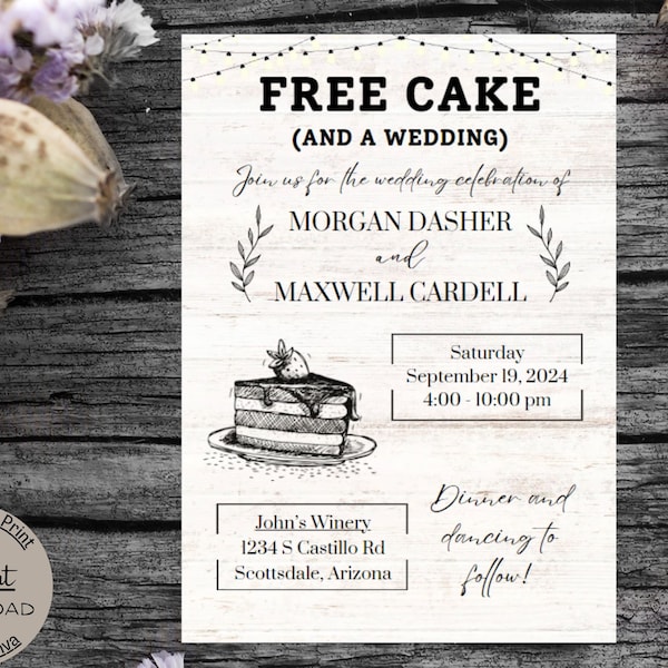 Editable Funny Wedding Invitation, Printable Wedding Invite, Free Cake Fun - Instant Download