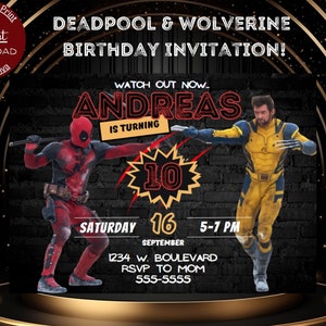 Deadpool and Wolverine Birthday Invitation, Horizontal Printable Invitation Template - Instant Download