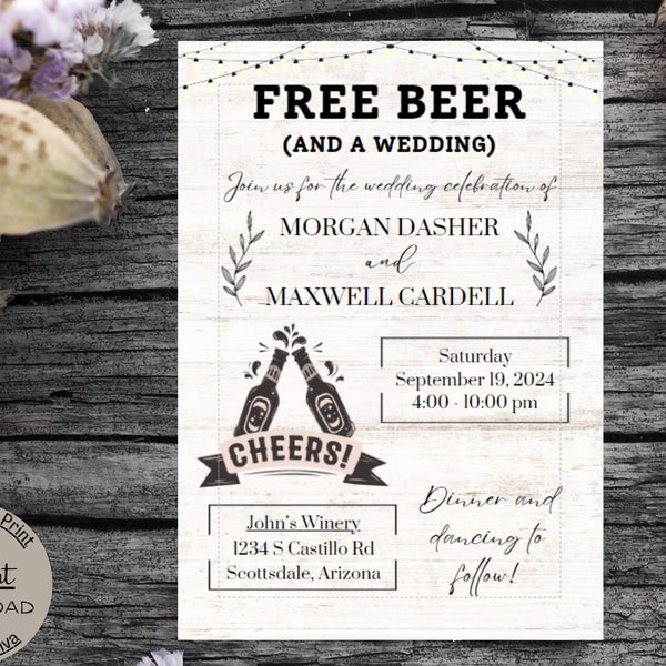 Editable Funny Wedding Invitation, Printable Wedding Invite, Free Beer Fun - Instant Download