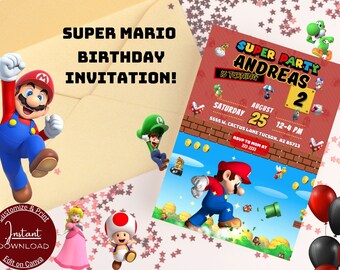 Super Mario Geburtstagseinladung, Super Party, Einladungsvorlage zum Ausdrucken - Sofort Download