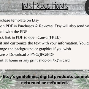 Op de afbeelding: Instructies voor een printbare digitale sjabloon voor een kaart van 12,7 x 17,8 cm. De instructies omvatten het kopen van de sjabloon op Etsy, het openen van de PDF, het klikken op een link om Canva te openen, het bewerken en aanpassen van de tekst en het downloaden van het bestand als PNG, JPG of PDF. De tekst vermeldt ook dat digitale producten niet kunnen worden geretourneerd of terugbetaald.