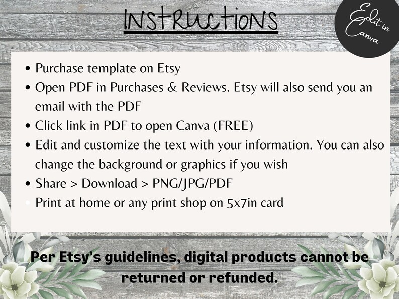 Op de afbeelding: Instructies voor een printbare digitale sjabloon voor een kaart van 12,7 x 17,8 cm. De instructies omvatten het kopen van de sjabloon op Etsy, het openen van de PDF, het klikken op een link om Canva te openen, het bewerken en aanpassen van de tekst en het downloaden van het bestand als PNG, JPG of PDF. De tekst vermeldt ook dat digitale producten niet kunnen worden geretourneerd of terugbetaald.