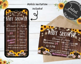 Bearbeitbare Western-Babypartyeinladung, Sonnenblumen-Western einladen, Cowgirl-Babypartyparty