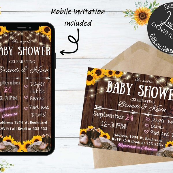 Editable Western Baby Shower Invitation, Sunflower Western Invite, Cowgirl Baby Shower Party