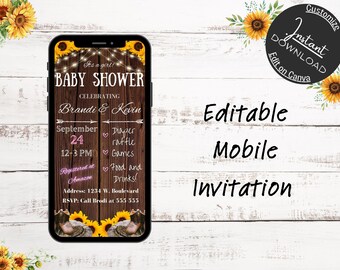 Bearbeitbare Western-Babyparty-MOBILE-Einladung, Sonnenblumen-Western einladen, Cowgirl-Babypartyparty