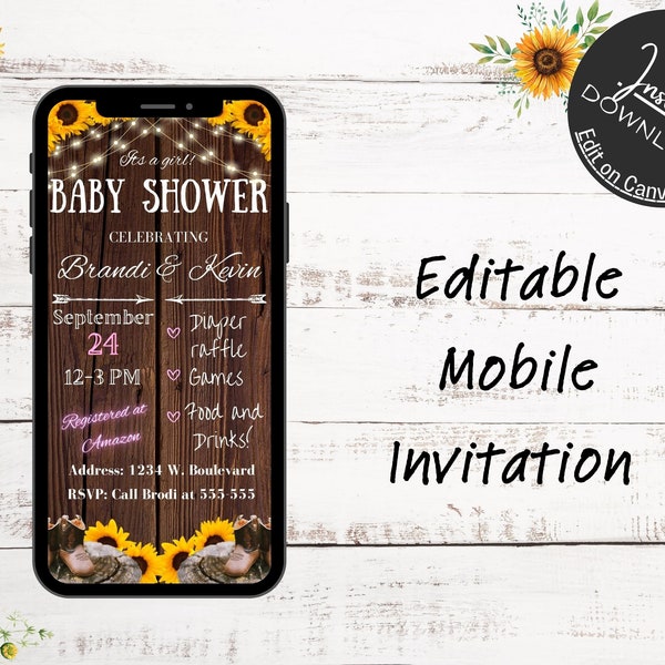 Editable Western Baby Shower MOBILE Invitation, Sunflower Western Invite, Cowgirl Baby Shower Party