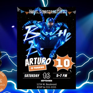 Blue Beetle Birthday Invitation, Host Overreacting Blue Beetle, Printable Invitation Template - Instant Download