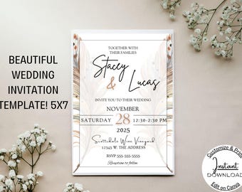 Bearbeitbare schöne Hochzeitseinladung, Feder/Boho druckbare Hochzeitseinladung - sofortiger Download