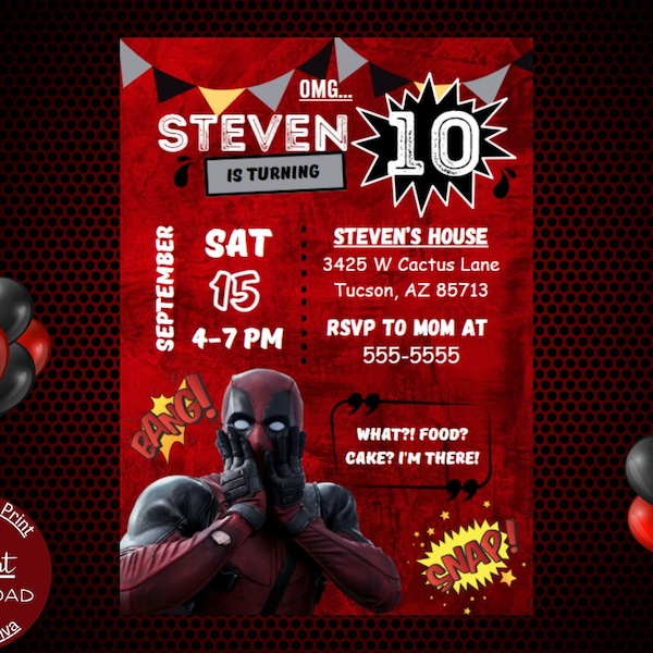 Deadpool Birthday Invitation, OMG Deadpool, Printable Invitation Template - Instant Download