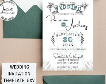 Bearbeitbare schöne Hochzeitseinladung, elegante druckbare Hochzeitseinladung - sofortiger Download