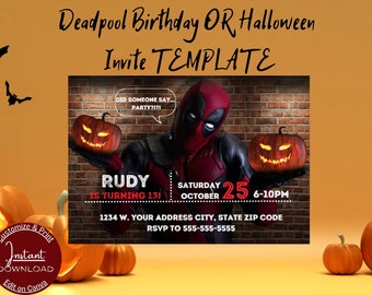 Deadpool Geburtstag oder Halloween Einladung, Gruselige Einladung, Printable Einladung Vorlage - Sofort Download
