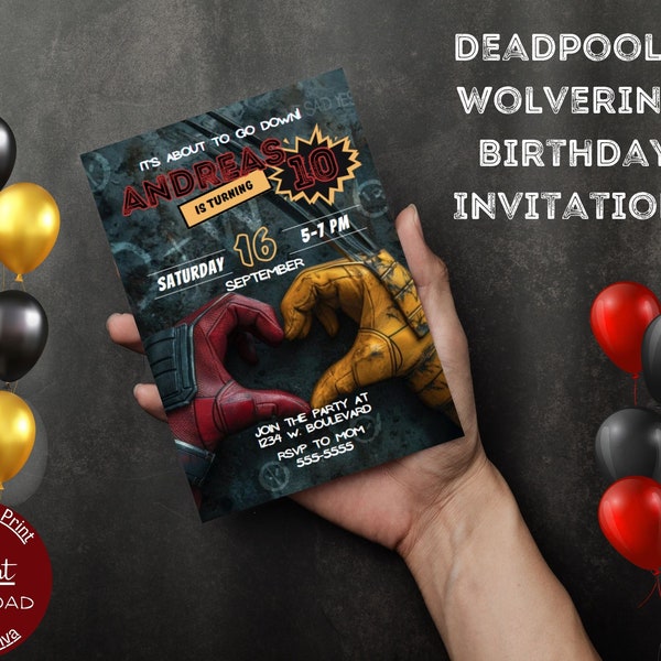 Deadpool and Wolverine Birthday Invitation, Vertical Printable Invitation Template - Instant Download