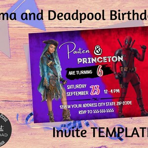 Könnte beinhalten: Lila und rote Geburtstagseinladung mit Uma aus Descendants und Deadpool. Die Einladung lautet "Paiten & Princeton werden 6 Jahre alt" und enthält das Datum "23. September" und die Uhrzeit "12-16 Uhr".