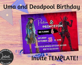 Uma and Deadpool Geburtstagseinladung, Zwillings oder Sibling Geburtstag, Printable Einladung Vorlage - Instant Download