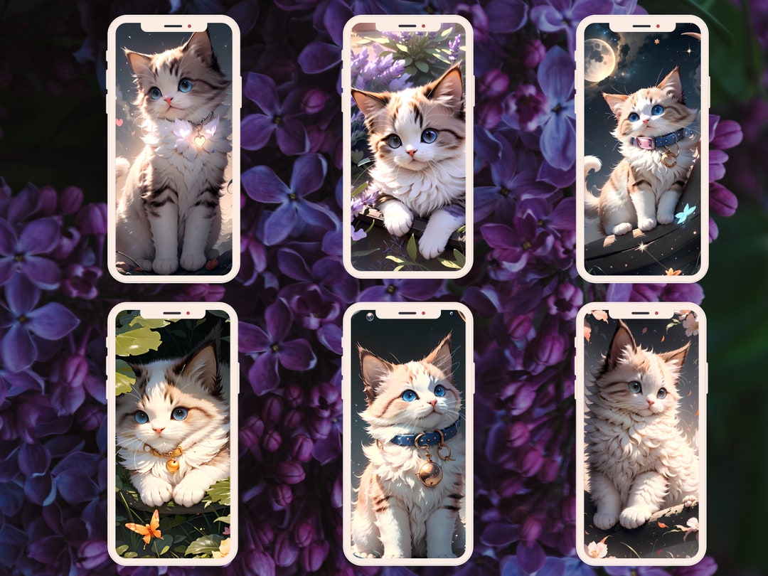 Cute Cat Phone Wallpapers, Set of 6, Phone Lock Screen, Ios Wallpaper ...