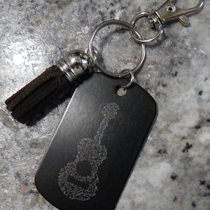 Personalized Engraved Guitar Dog Tag Keychain with Tassel. Music Lover Gift