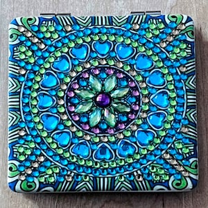 Mandala Compact Mirror – Sparkly Faux Jewel Design | Round or Square, 2.75” | Dual Mirror, Purse Size, Sealed for Durability