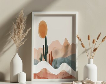 Boho Desert Landscape Print. Cactus Wall Art. Mid Century Modern Desert Print, Southwestern Decor, Desert Art, Mountain Print. Boho Sun Art