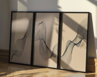 Set of 3 Abstract Line Art Prints, Black Beige Modern Wall Decor (Digital Download)