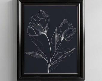 Black and White Floral Wall Art Prints, Botanical Prints, Black White Botanical Digital Downloads, Minimalist Wall Art, Modern Home Decor