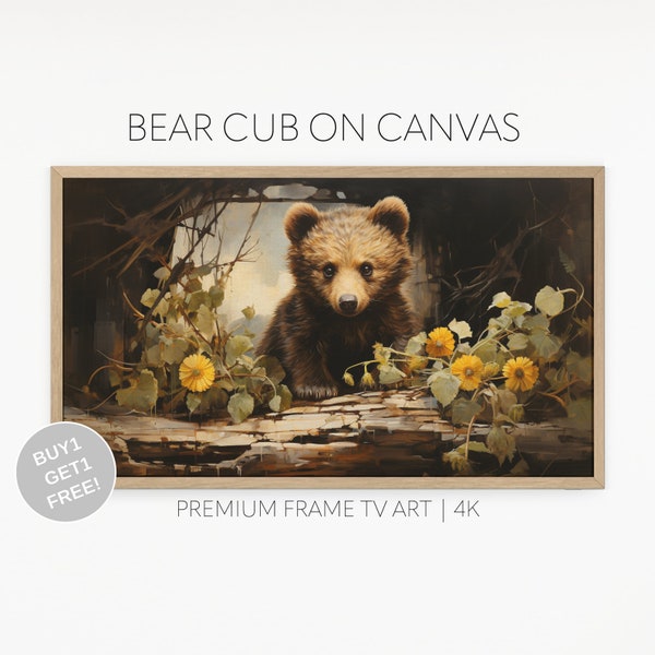 Cute Cub Sunflower Bear in Forest Vintage Frame TV Art, Field, Warm Tone, Country Painting, Cute Cub Canvas Painting Digital Download TV Art