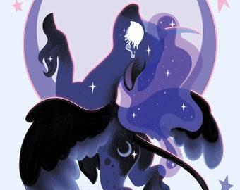 May include: A digital illustration of a dark blue winged equine creature with a flowing mane and tail, featuring a crescent moon symbol on its flank. The character is set against a large circular moon background with scattered pink and purple stars.