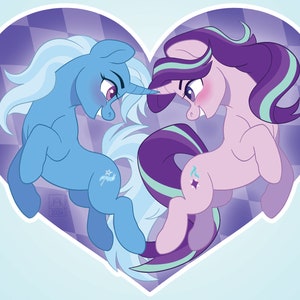 May include: A digital illustration of two stylized ponies inside a heart-shaped frame with a purple checkered pattern. The left pony is blue with a light blue mane and a star cutie mark. The right pony is lavender with a purple and teal mane.