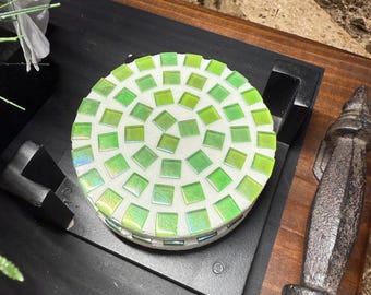 Handmade Green Mosaic Tile Coaster Set (4) | Iridescent Glass Tiles | Unique Round Drink Coaster | Home Decor Gift