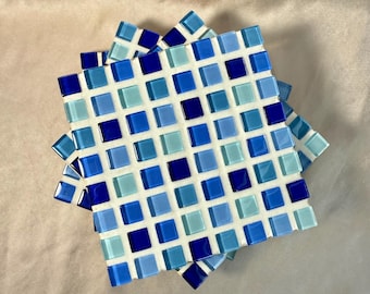 Blue Mosaic Tile Coaster Set (4) | Handmade Tile Drink Coasters | Coastal Home Decor | Aesthetic Tableware Gift Set