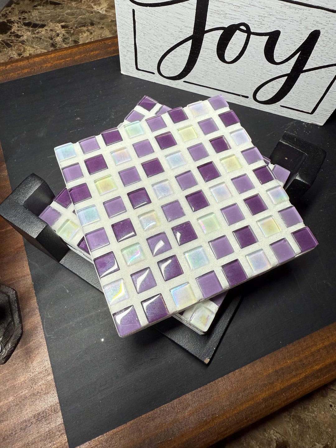 Handmade Purple Mosaic Tile Coasters Set (4) | Iridescent Glass Tiles ...