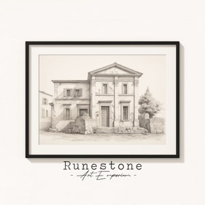 Op de afbeelding: Zwart-witte potloodtekening van een gebouw met een klassieke gevel. Het gebouw heeft een grote ingang met trappen die er naartoe leiden. De tekening is ingelijst in een zwart frame.