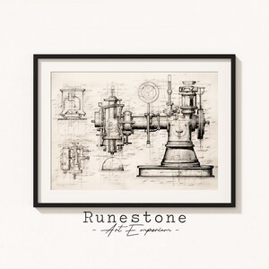 May include: Black and white line drawing of a vintage steam engine with detailed illustrations of its components. The drawing is on a beige background with the text "Runestone - Art Emporium" at the bottom.