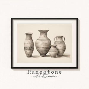 May include: A black and white drawing of four different sized ceramic vases with intricate designs. The vases are arranged in a row on a light beige background. The image is framed with a black frame and has the text "Runestone - Art Emporium" at the bottom.