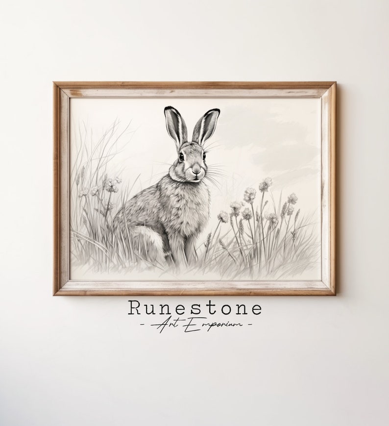 Wild Rabbit Illustration Spring Easter Wall Art Minimal Animal Portrait Pencil Drawing Decor Neutral Wall Art Digital Print Download image 3