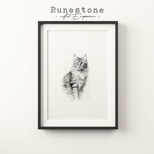 Minimalist Cat Sketch Print | Shaggy Cat Wall Art | Minimal Cat Wall Art | Animal Drawing Print | Digital Print | Digital Download | Cat Art