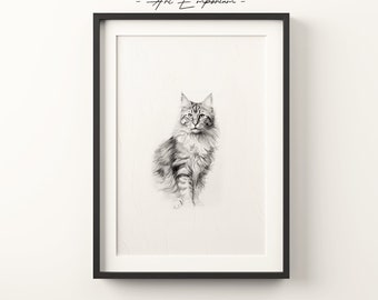 Minimalist Cat Sketch Print | Shaggy Cat Wall Art | Minimal Cat Wall Art | Animal Drawing Print | Digital Print | Digital Download | Cat Art