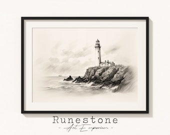 May include: A black and white pencil drawing of a lighthouse on a rocky cliff overlooking the ocean. The lighthouse is tall and slender, with a white tower and a black roof. The waves are crashing against the rocks, and there is a small boat in the distance.