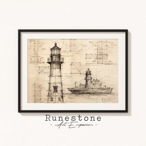 Antike Architektur Pläne Von Leuchtturm | Skizze | Minimale Wandkunst | Maritime Radierung | Neutrale Küstenkunst | Digitaldruck Download