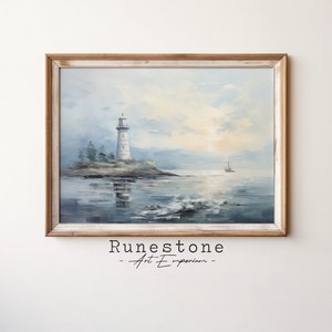 Lighthouse On Overcast Day Vintage Oil Painting DIGITAL ART | Calm Ocean Wall Art | Vintage Wall Art | Downloadable Lighthouse Wall Art