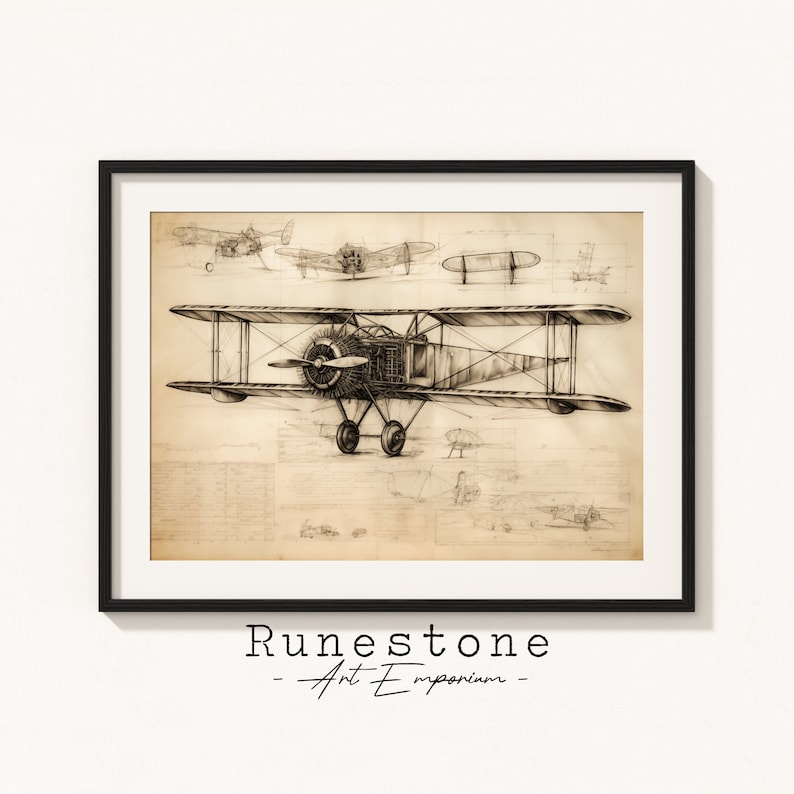 Antique Airplane Schematics | Rough Blueprint Sketch | Minimal Wall Art ...