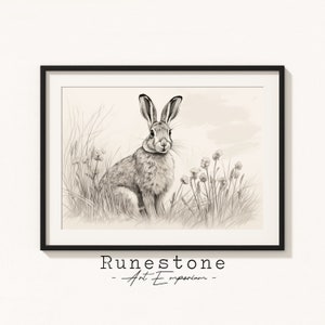 Wild Rabbit Illustration | Spring Easter Wall Art | Minimal Animal Portrait | Pencil Drawing Decor | Neutral Wall Art Digital Print Download