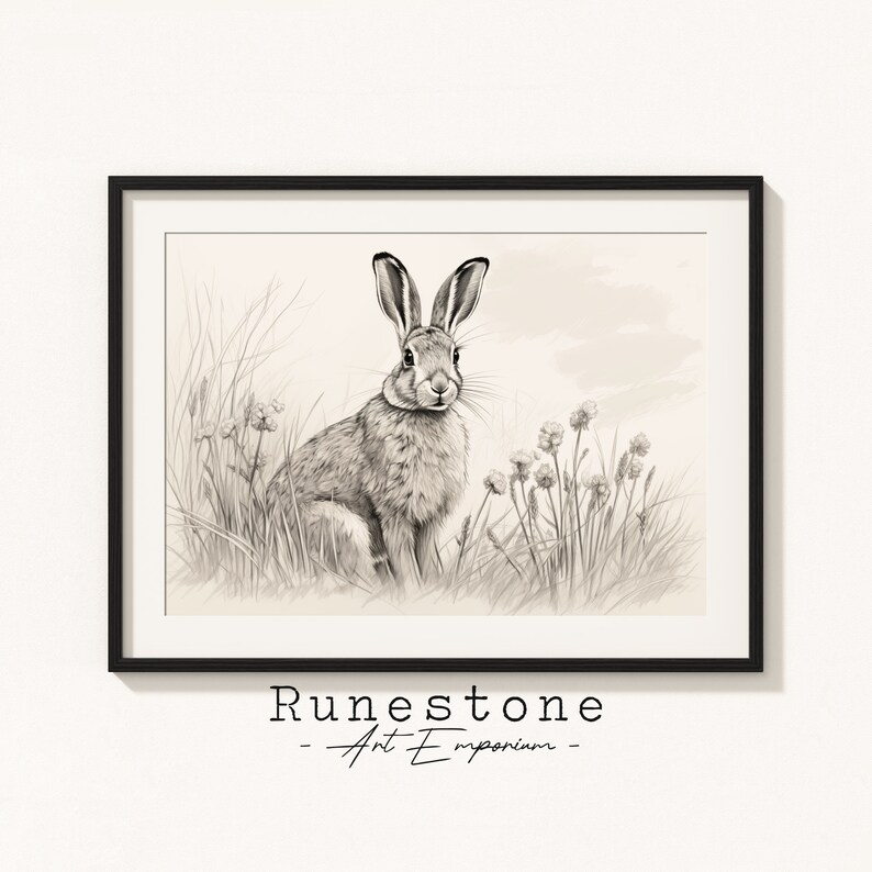 Wild Rabbit Illustration Spring Easter Wall Art Minimal Animal Portrait Pencil Drawing Decor Neutral Wall Art Digital Print Download image 1