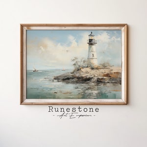 Lighthouse On Rocky Shore Vintage Oil Painting DIGITAL ART | Lighthouse Wall Art | Vintage Wall Art | Downloadable Coastal Wall Art