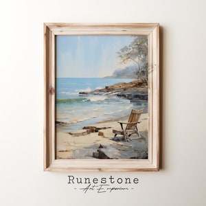 Beach Chair Overlooking Sea Vintage Oil Painting DIGITAL ART | Tropical Beach Wall Art | Vintage Wall Art | Downloadable Coastal Beach Art