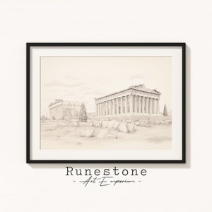 May include: A black and white pencil sketch of the Parthenon in Athens, Greece. The image is framed with a black frame and has the text "Runestone - Art Emporium" at the bottom.