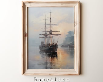 Sailing Boat Enters Bay Vintage Oil Painting DIGITAL ART | Sail Boat Wall Art | Downloadable Coastal Wall Art | Beach Wall Art | Nautical
