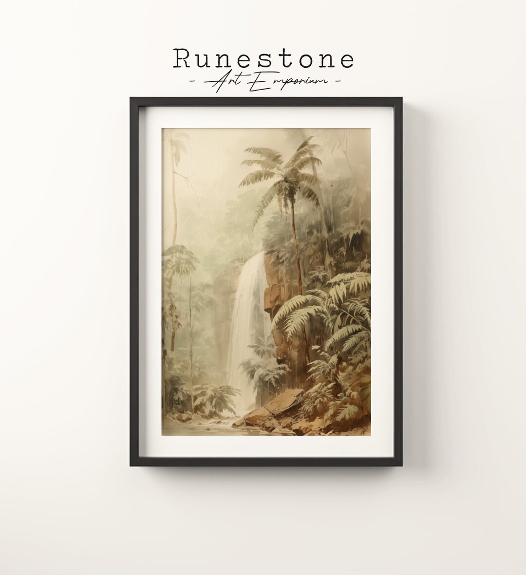 Vintage Tropical Jungle Waterfall Sketch | Lush Boho Wall Art ...