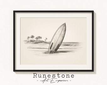 May include: Black and white sketch of a surfboard partially submerged in the ocean with palm trees in the background. The text "Runestone - Art Emporium" is at the bottom of the image.