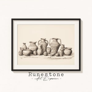 Puede incluir: Un dibujo en blanco y negro de una colección de macetas y jarrones de cerámica de varios tamaños. Las macetas y los jarrones están decorados con patrones geométricos. El dibujo está sobre un fondo crema y enmarcado con un marco negro. El texto "Runestone - Art Emporium" está en la parte inferior de la imagen.