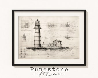May include: Black and white line drawing of a lighthouse with a small building next to it. The drawing is on a beige background with a grid pattern. The text "Runestone - Art Emporium" is at the bottom of the image.